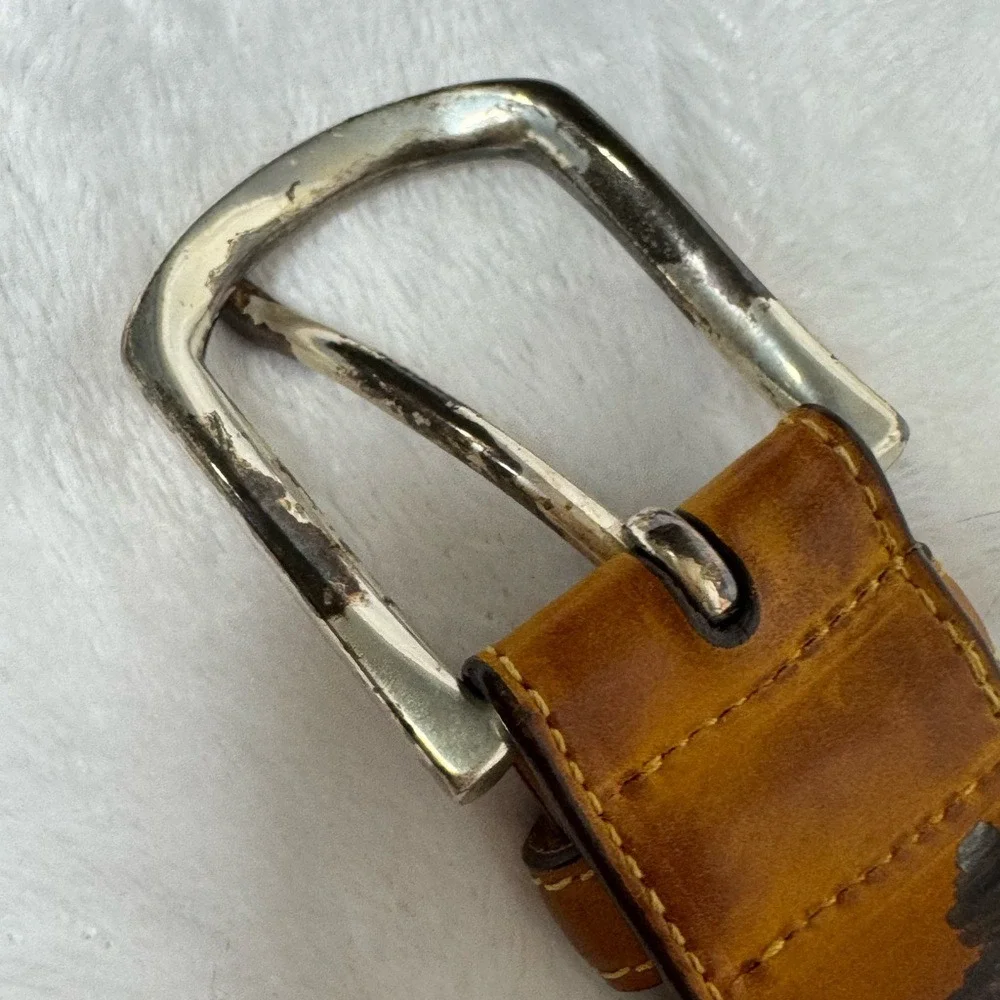 Bullock &‎ Jones Mens Tan Leather Belt Silver Buckle Sz 40 Contrast Stitching